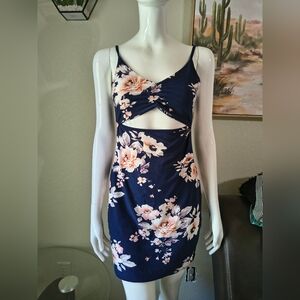 Navy Floral Cutout Mini Dress with Spaghetti Straps